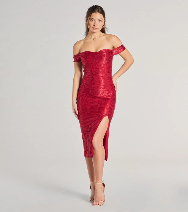 The Show Me Romance Off-The-Shoulder Lace Midi Dress in red is a modern red dress featuring trendy details and a stunning design ideal for wedding guest dresses, elegant cocktail looks, or an alluring Easter dress.