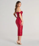 Show Me Romance Off-The-Shoulder Lace Midi Dress in red , a stylish red dress with a flattering fit and fabric that adds allure to your look, perfect for wedding guest attire, cocktail events, or making a bold statement on a date night.