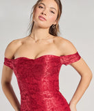 Make a bold statement in the Show Me Romance Off-The-Shoulder Lace Midi Dress in red, the perfect spring dress for weddings, cocktail hours, nights out, and/or seasonal celebrations.