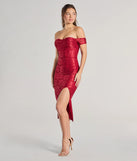 Show Me Romance Off-The-Shoulder Lace Midi Dress in red , a stylish red dress with a flattering fit and fabric that adds allure to your look, perfect for wedding guest attire, cocktail events, or making a bold statement on a date night.