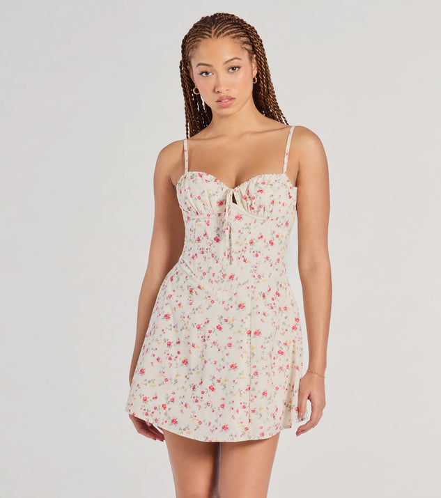 Flirty Romance Corset Lace-Up Floral A-Line Mini Dress, a trendy ivory mini dress featuring modern details and a fresh seasonal hue, perfect for creating chic 2025 looks.