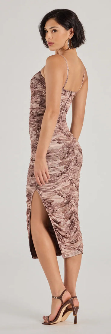 Celebrate the special day in the Stunning View Scenic Print Mesh Midi Dress, a brown country wedding guest dress with soft, romantic details that blend charm and sophistication.