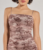 Make a bold statement in the Stunning View Scenic Print Mesh Midi Dress in brown, the perfect spring dress for weddings, cocktail hours, nights out, and/or seasonal celebrations.