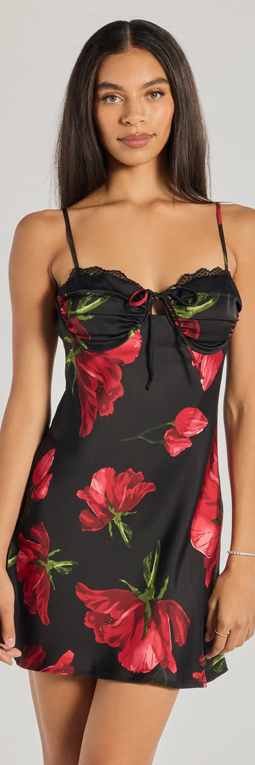 Beauty So Divine Floral Satin A-Line Mini Dress, a trendy black mini dress featuring modern details and a fresh seasonal hue, perfect for creating chic 2025 looks.