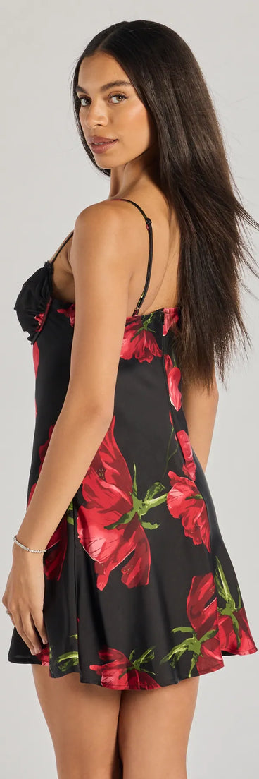 Whether you're headed to brunch or running errands, the Beauty So Divine Floral Satin A-Line Mini Dress in black delivers effortless style in a breathable, go-to casual dress.