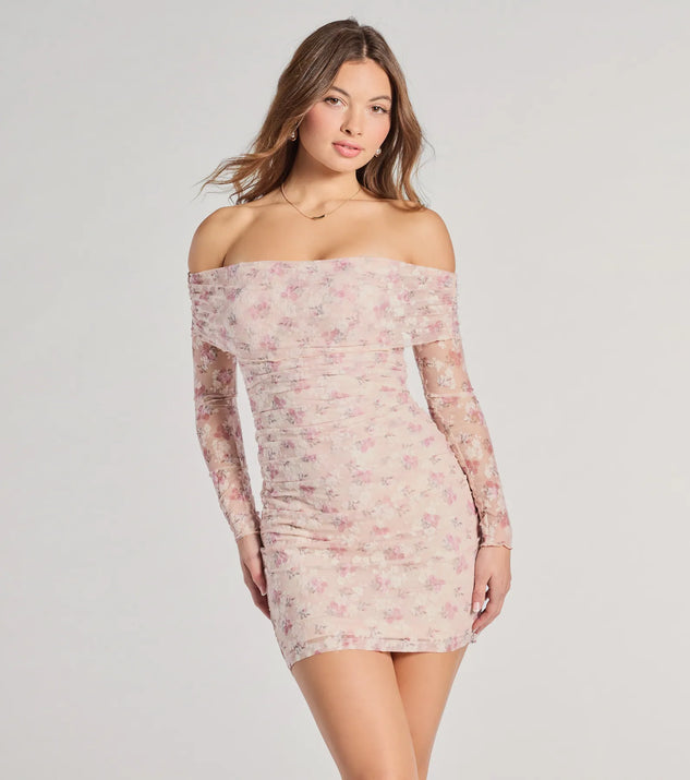 Own every entrance in the In The Garden Off-The-Shoulder Floral Mesh Mini Dress, a ivory party dress perfect for milestone birthdays and grad parties, or dancing through summer nights and unforgettable bachelorette celebrations.