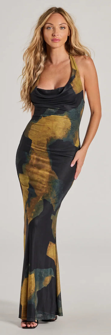 Turn heads at Prom 2025 in this black prom dress, where statement-making details meet the iconic style of the Work Of Art Abstract Marble Print Maxi Dress .