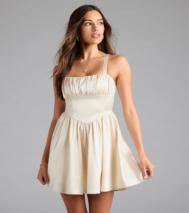 Shine with confidence, elegance, and standout style in the Crowd Pleaser Satin Skater Dress—a ivory graduation dress designed with a fresh silhouette and the latest trends.