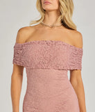 Make a bold statement in the Effortless Romance Lace Off-The-Shoulder Midi Dress in mauve, the perfect spring dress for weddings, cocktail hours, nights out, and/or seasonal celebrations.