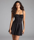 Shine with confidence, elegance, and standout style in the Bold New Look Corset Lace-Up Linen Skater Dress—a black graduation dress designed with a fresh silhouette and the latest trends.