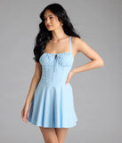 Shine with confidence, elegance, and standout style in the Bold New Look Corset Lace-Up Linen Skater Dress—a light blue graduation dress designed with a fresh silhouette and the latest trends.