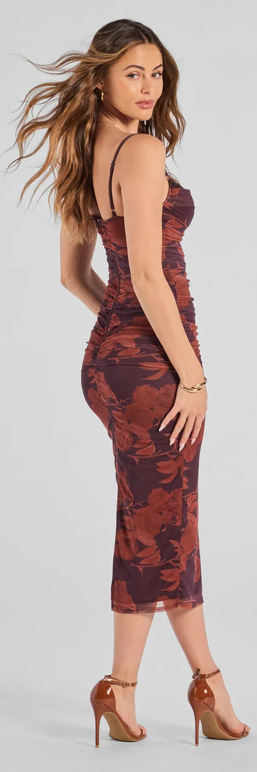 Own the evening in the Petal Perfection Floral Ruched Midi Dress in plum, a summer cocktail dress perfect for rooftop parties and stylish soirées.