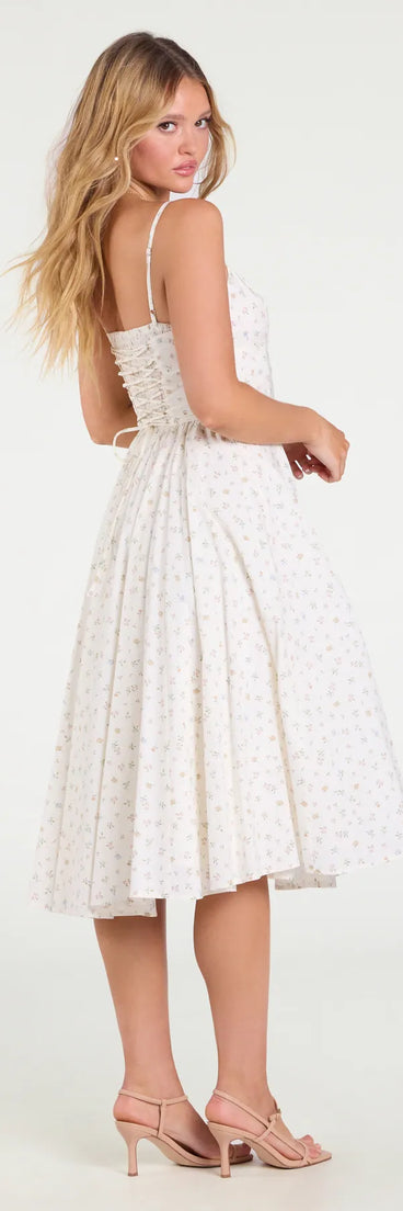 Whether you're headed to brunch or running errands, the Dream Of Me Corset Lace-Up Floral Midi Dress in ivory delivers effortless style in a breathable, go-to casual dress.