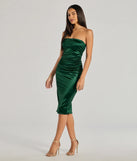 Make a bold statement in the Luxe Sheen Strapless Ruched Satin Midi Dress in emerald green, the perfect green dress for weddings, cocktail hours, nights out, and/or seasonal celebrations.