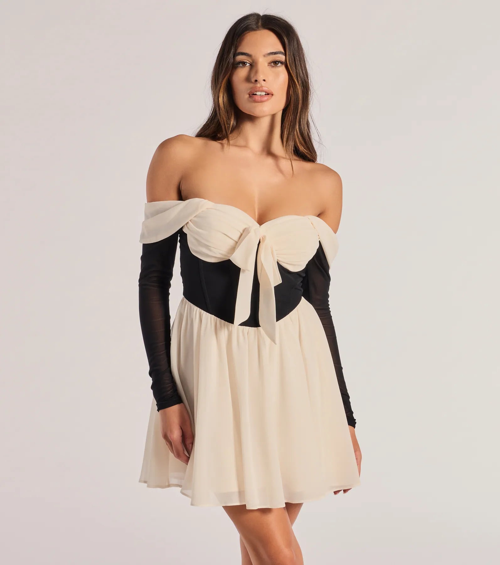 Perfectly Chic Bow Detail Off-The-Shoulder Skater Dress Perfectly Chic Bow Detail Off-The-Shoulder Skater Dress