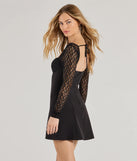 Make a bold statement in the Show Me Romance Lace Long Sleeve A-Line Mini Dress in black, the perfect spring dress for weddings, cocktail hours, nights out, and/or seasonal celebrations.