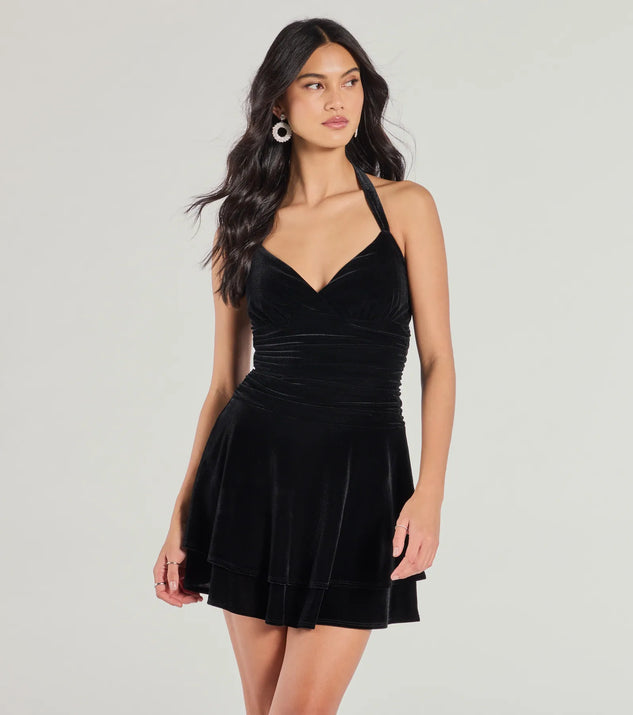 Luxe Muse Halter Velvet Skater Dress, a trendy black mini dress featuring modern details and a fresh seasonal hue, perfect for creating chic 2025 looks.