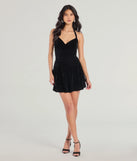 Make a bold statement in the Luxe Muse Halter Velvet Skater Dress in black, the perfect spring dress for weddings, cocktail hours, nights out, and/or seasonal celebrations.