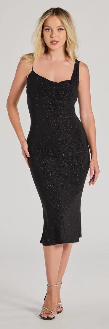 Feel instantly put-together in the Shimmering Nights Cowl Neck Glitter Midi Dress in black, a stylish wedding guest dress designed for confident style and all-out celebration.