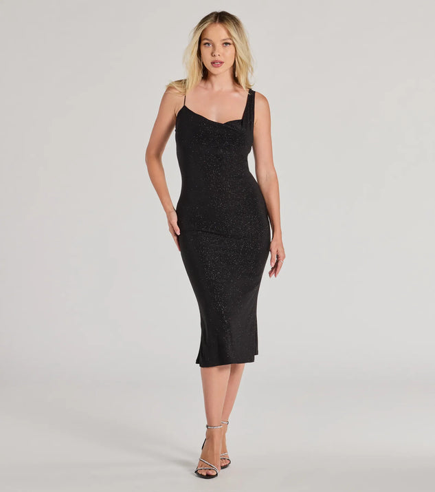 Own every entrance in the Shimmering Nights Cowl Neck Glitter Midi Dress, a black party dress perfect for milestone birthdays and grad parties, or dancing through summer nights and unforgettable bachelorette celebrations.