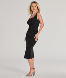Revamp your 2025 wardrobe with this chic addition, the Shimmering Nights Cowl Neck Glitter Midi Dress in black, perfect for elevating your style in the new year.