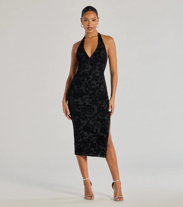 With its mid-calf hem and popular flattering fit, the Refined Charm Flocked Velvet Halter Midi Dress in black nails the balance of trend and ease, redefining go-to midi dresses for any occasion.