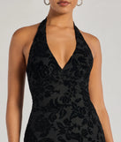 Make a bold statement in the Refined Charm Flocked Velvet Halter Midi Dress in black, the perfect spring dress for weddings, cocktail hours, nights out, and/or seasonal celebrations.