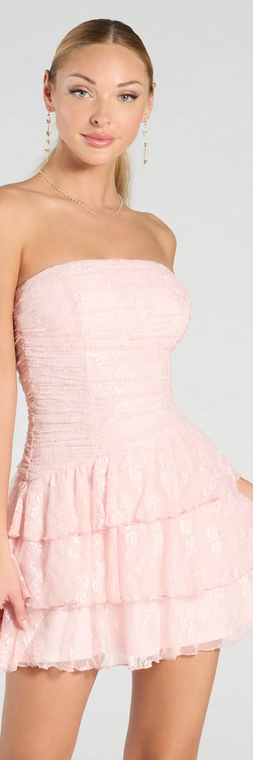 Bring a fun and feminine vibe with the Lovely Nights Strapless Lace Ruffle Skater Dress, a scroll-stopping style from Windsor's pink homecoming dress collection that brings playful charm to every HOCO moment.