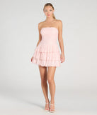 Make a bold statement in the Lovely Nights Strapless Lace Ruffle Skater Dress in pink, the perfect summer dress for weddings, cocktail hours, nights out, and/or seasonal celebrations.