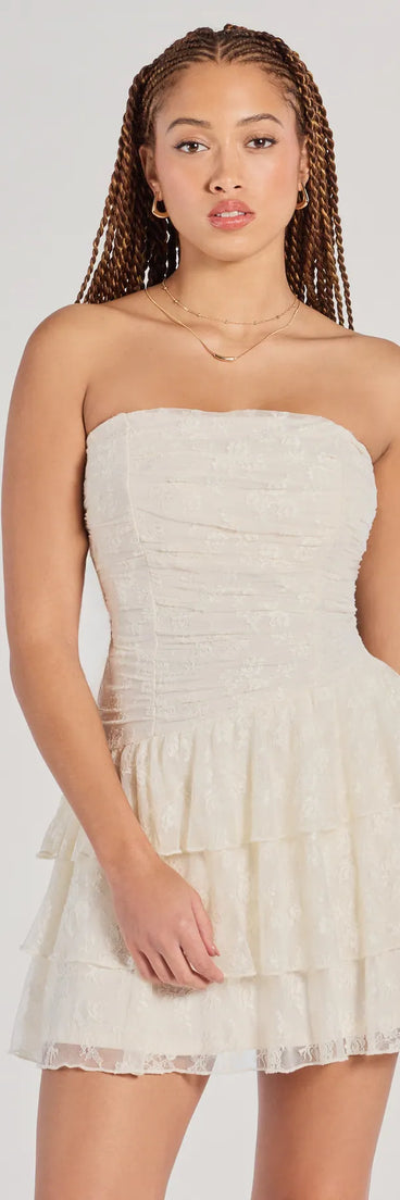 Lovely Nights Strapless Lace Ruffle Skater Dress, a trendy ivory mini dress featuring modern details and a fresh seasonal hue, perfect for creating chic 2025 looks.