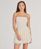 Lovely Nights Strapless Lace Ruffle Skater Dress, a trendy ivory mini dress featuring modern details and a fresh seasonal hue, perfect for creating chic 2025 looks.