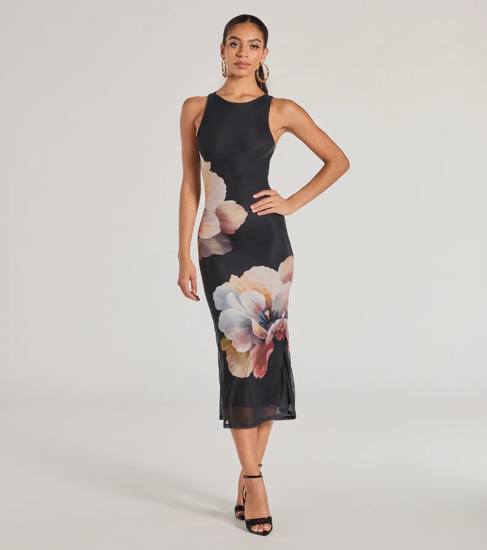 Date Night Chic Floral Mesh Midi Dress Midi Dresses