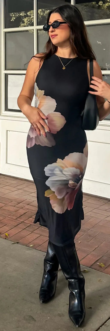 Celebrate the special day in the Date Night Chic Floral Mesh Midi Dress, a black country wedding guest dress with soft, romantic details that blend charm and sophistication.