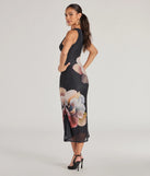 Make a bold statement in the Date Night Chic Floral Mesh Midi Dress in black, the perfect spring dress for weddings, cocktail hours, nights out, and/or seasonal celebrations.