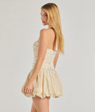 Darling Glam Satin Drop Waist Bubble Skater Dress, a trendy ivory mini dress featuring modern details and a fresh seasonal hue, perfect for creating chic 2025 looks.