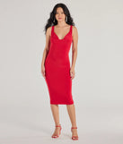 The Major View Low Back Bodycon Midi Dress in red is a modern red dress featuring trendy details and a stunning design ideal for wedding guest dresses, elegant cocktail looks, or an alluring Easter dress.