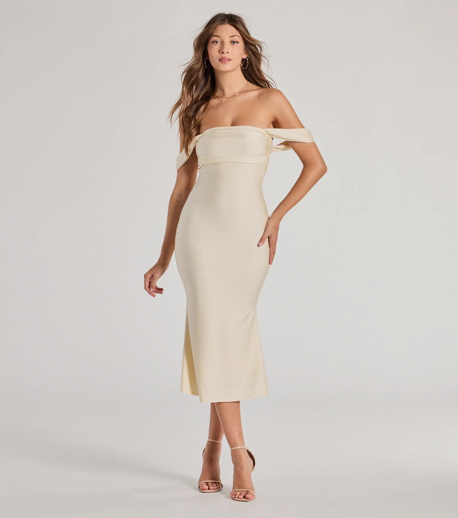 【新品タグ付き】Acka. sheer shoulder dress アイボリー Exceptional Off-The-Shoulder Flared Midi Dress | Windsor