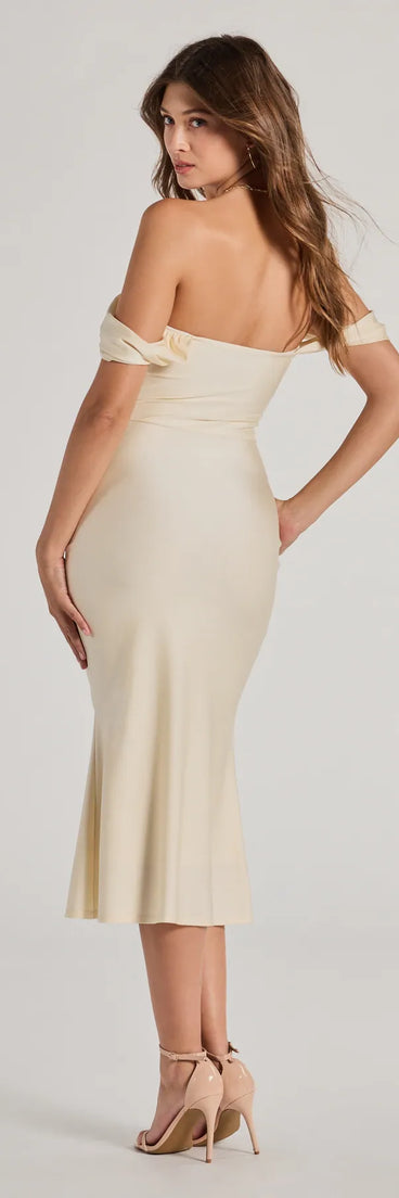 Feel instantly put-together in the Exceptional Off-The-Shoulder Flared Midi Dress in natural, a fall wedding guest dress designed for confident style and all-out celebration.