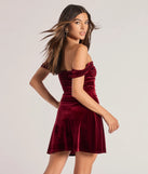 Flirty And Chic Velvet Off-The-Shoulder Mini Dress in wine , a stylish red dress with a flattering fit and fabric that adds allure to your look, perfect for wedding guest attire, cocktail events, or making a bold statement on a date night.