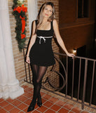 So Adored Sleeveless Bow Trim Crepe Mini Dress, a trendy black mini dress featuring modern details and a fresh seasonal hue, perfect for creating chic 2025 looks.