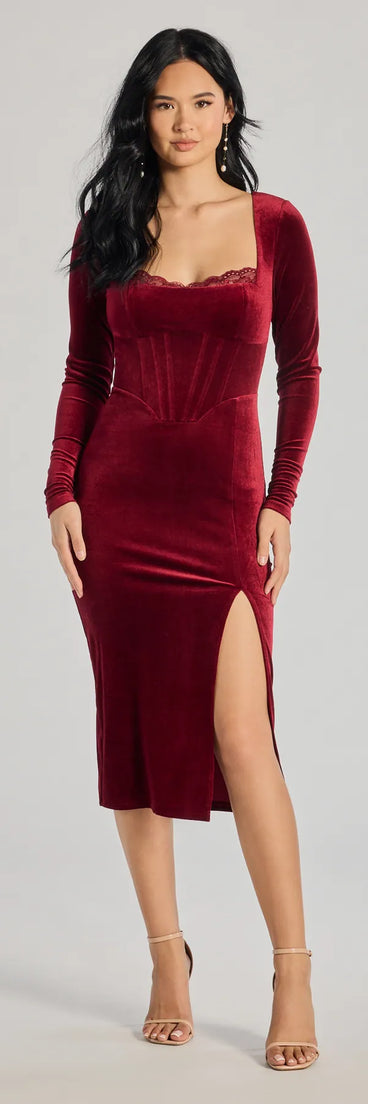 Feel instantly put-together in the Enchanted Allure Velvet Corset Midi Dress in burgundy, a stylish wedding guest dress designed for confident style and all-out celebration.