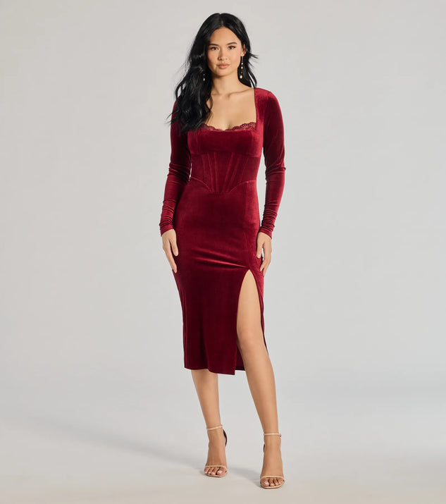 Own every entrance in the Enchanted Allure Velvet Corset Midi Dress, a burgundy party dress perfect for milestone birthdays and grad parties, or dancing through summer nights and unforgettable bachelorette celebrations.