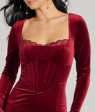 Make a bold statement in the Enchanted Allure Velvet Corset Midi Dress in burgundy, the perfect spring dress for weddings, cocktail hours, nights out, and/or seasonal celebrations.