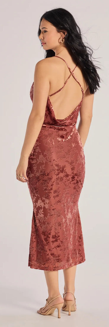 Charming Muse Open Back Flocked Velvet Midi Dress | Windsor Charming Muse Open Back Flocked Velvet Midi Dress | Windsor