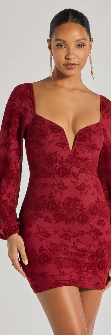 Blooming Beauty Floral Burnout Long Sleeve Mini Dress in wine, a stunning bodycon dress with a flattering fit and feminine details, perfect for date night or girls' night out.