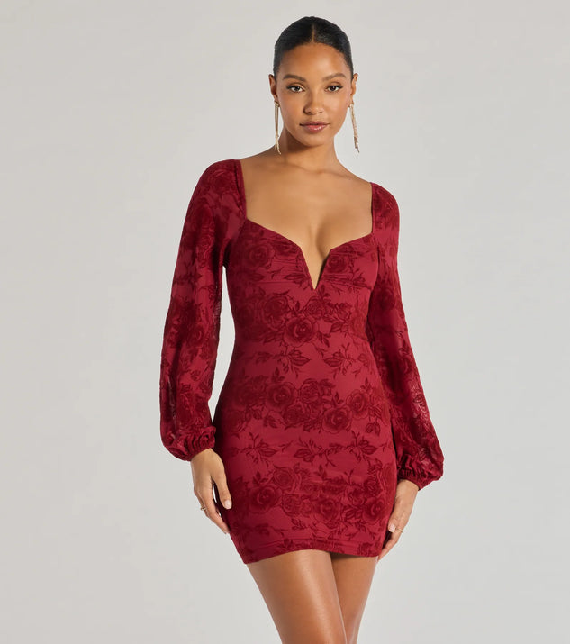 Blooming Beauty Floral Burnout Long Sleeve Mini Dress in wine, a stunning bodycon dress with a flattering fit and feminine details, perfect for date night or girls' night out.