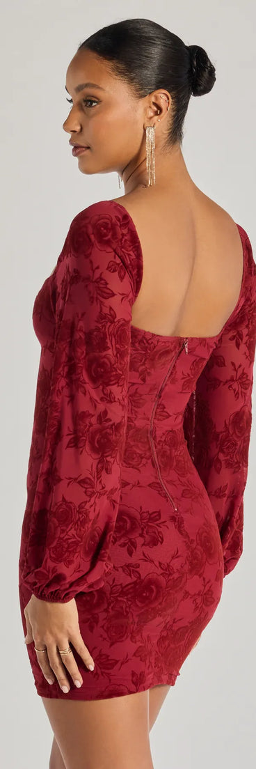 Blooming Beauty Floral Burnout Long Sleeve Mini Dress in wine, a stunning bodycon dress with a flattering fit and feminine details, perfect for date night or girls' night out.