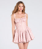 Shine with confidence, elegance, and standout style in the Flirt It Up Floral Jacquard Satin Corset Skater Dress—a mauve homecoming dress designed with a fresh silhouette and the latest trends.