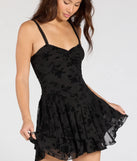 Make a bold statement in the Stealing Hearts Flocked Velvet Skater Dress in black, the perfect spring dress for weddings, cocktail hours, nights out, and/or seasonal celebrations.