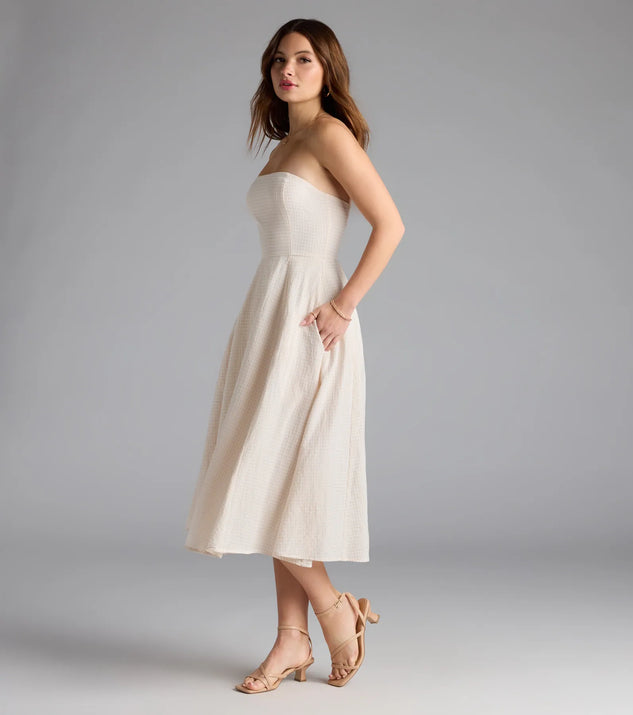 Love's A Picnic Strapless Gingham A-Line Midi Dress